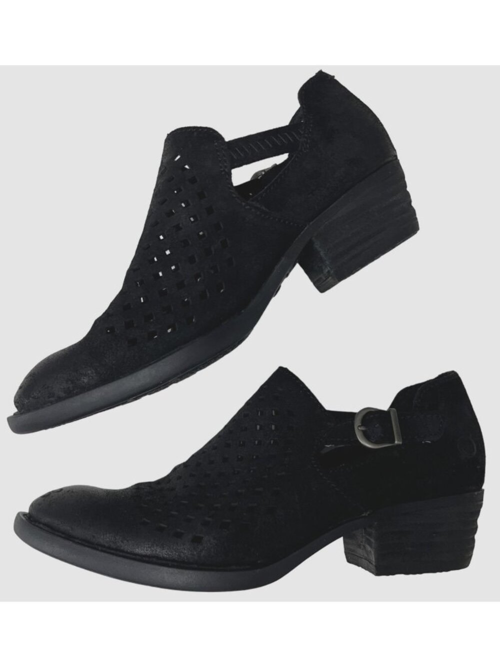 Born Womens 7 M Black Leather Laser Cut Perforated Booties Ankle Boots Buckle